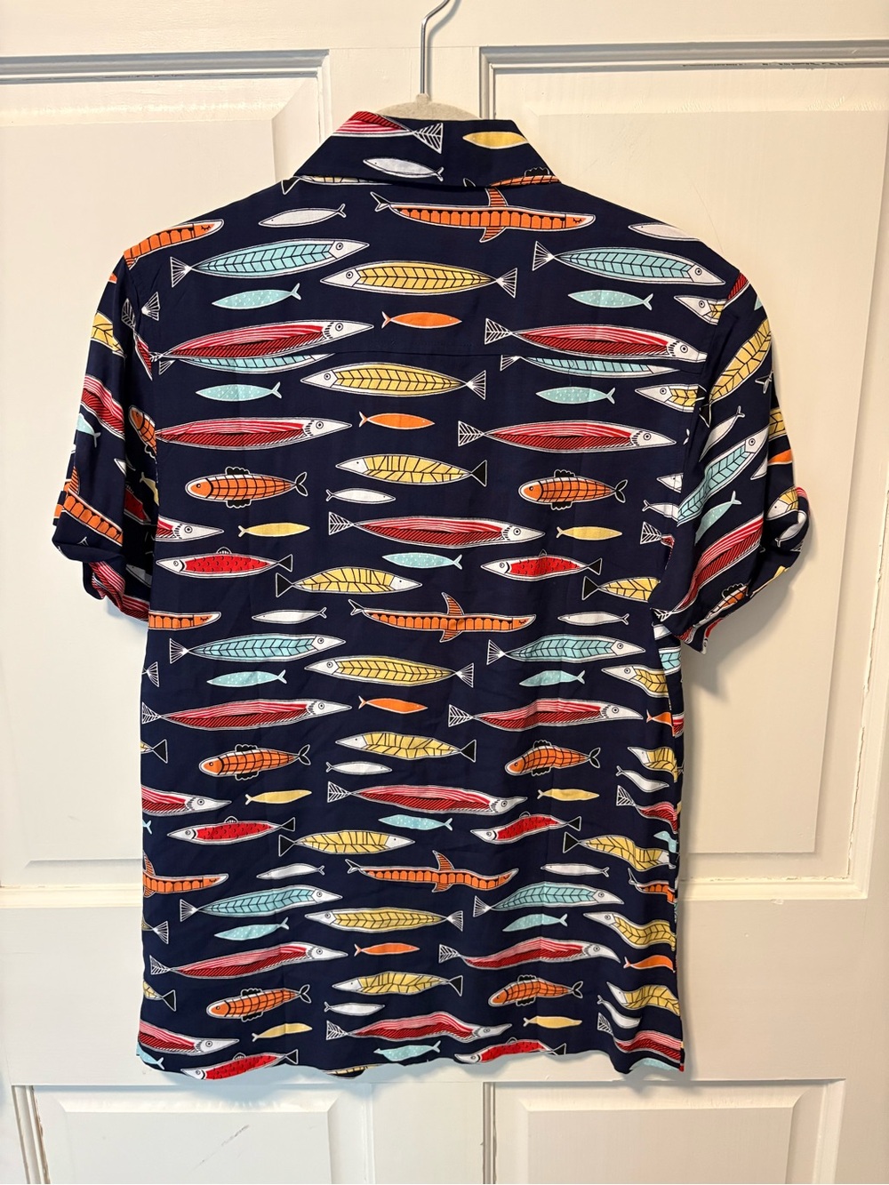 Androgynous Fox the Upstreamer fish navy button up short sleeve shirt s small - Picture 5 of 6